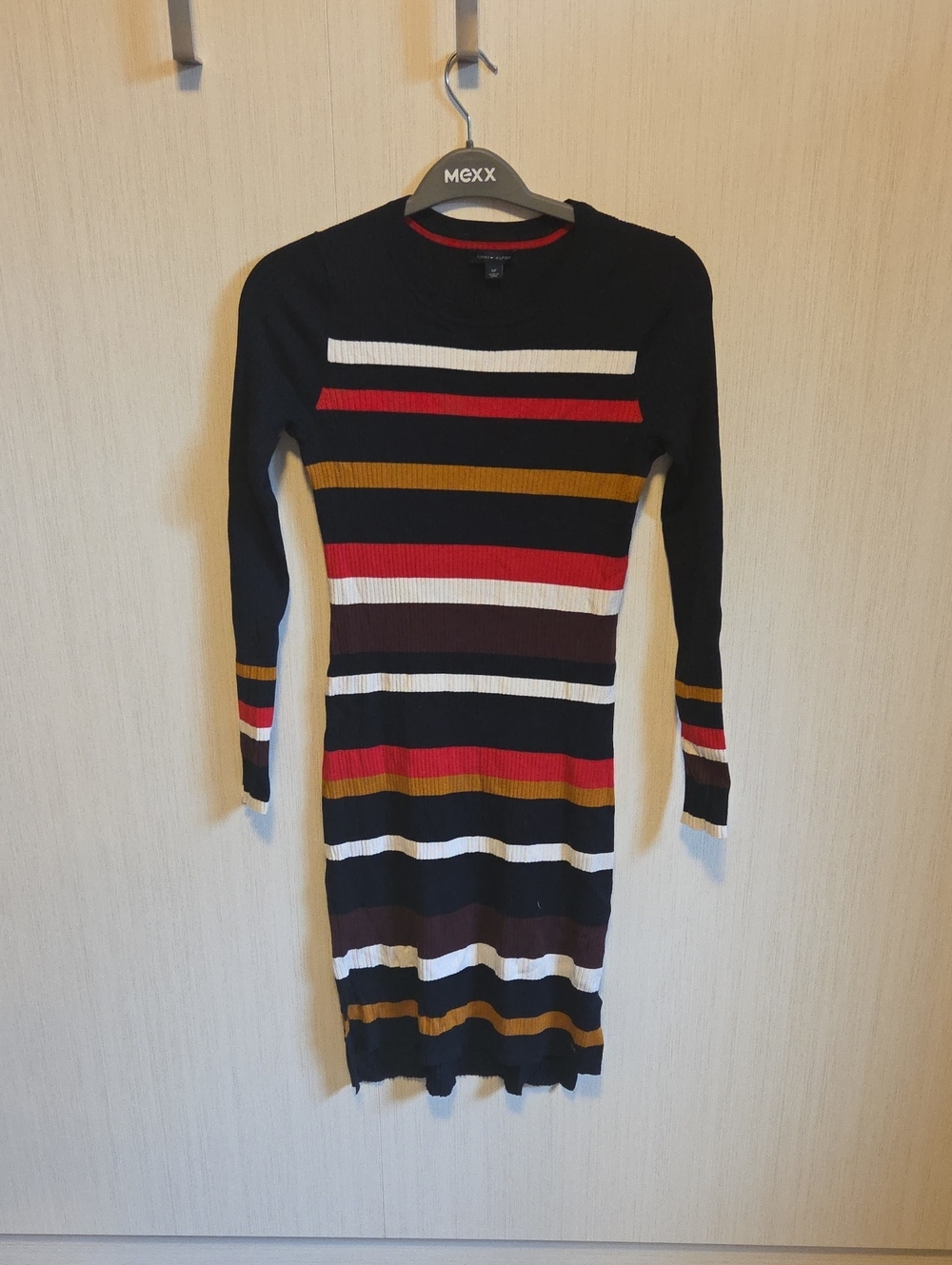 Tommy Hilfiger Blue Long-Sleeve Knit Dress with White, Red and Brown Stripes